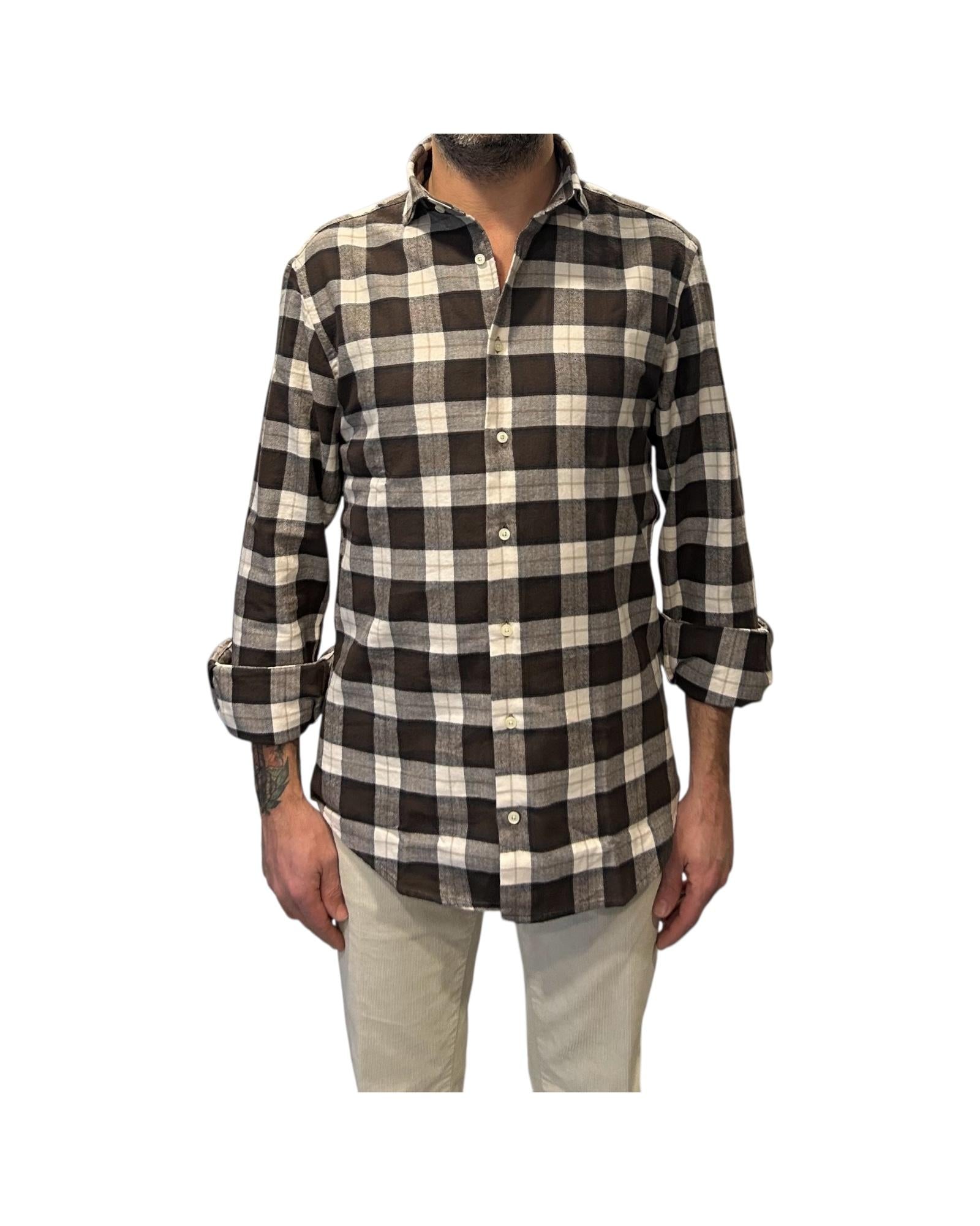 Camicia uomo in flanella Check Marrone e beige B519 UNI BASTONCINO