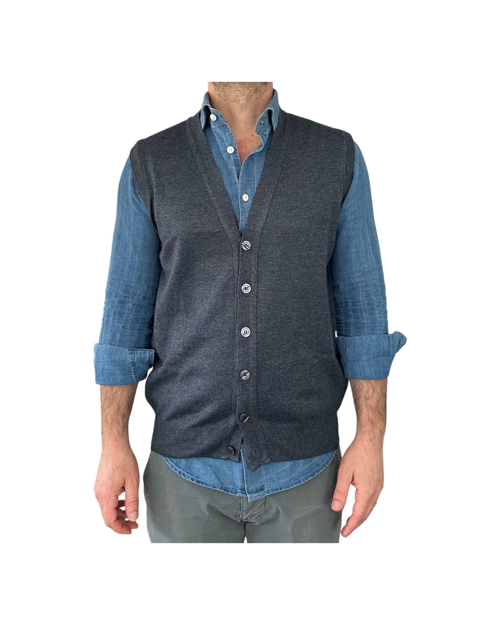 Gilet scollo a V tinta unita blu melange 00122549M 442 MONTECHIARO