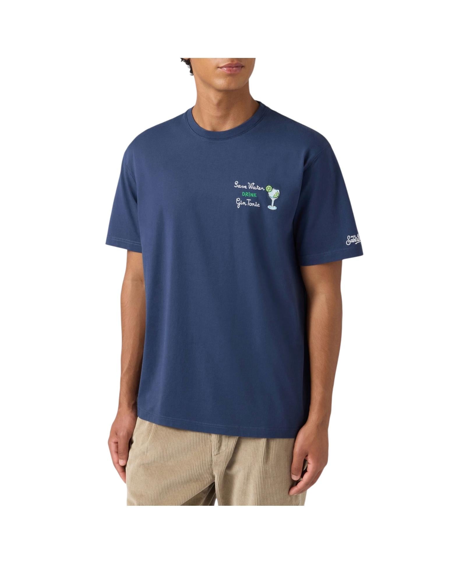 T-shirt in cotone Blu con ricamo Save water drink gin tonic ARN0001 00136I MC2 SAINT BARTH