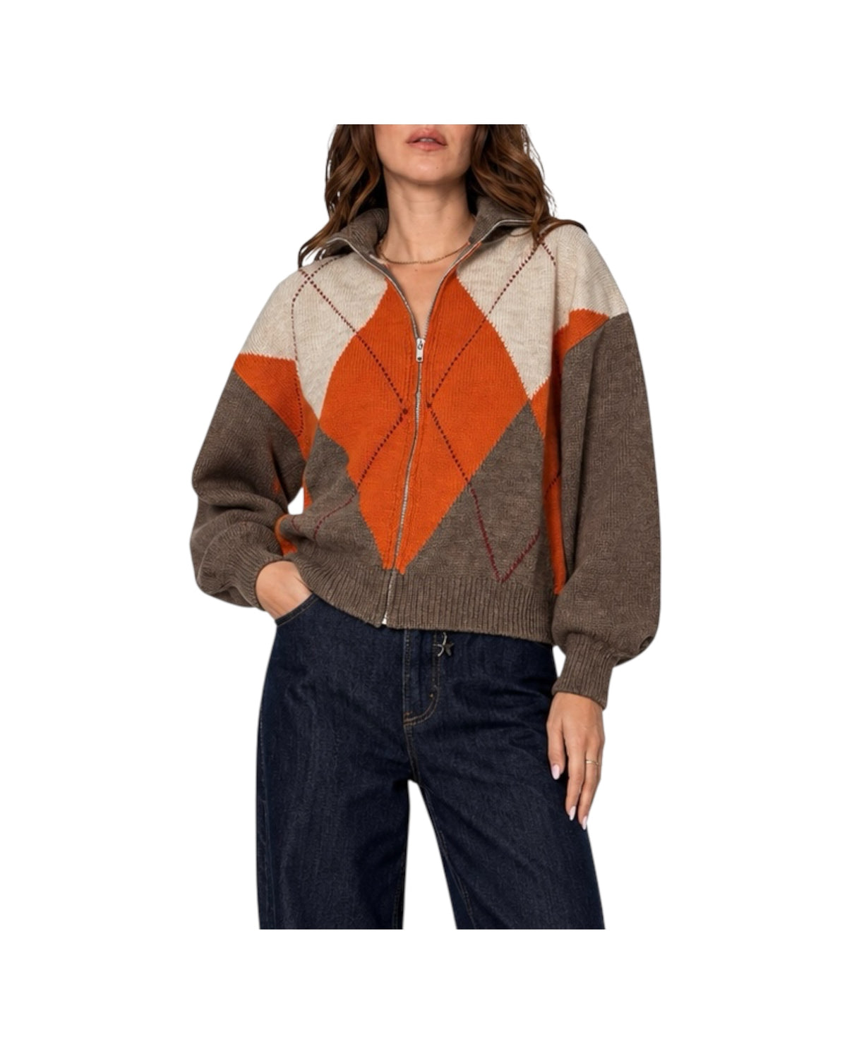 Maglia a rombi full zip Tortora/Arancio/Beige R074 TORTORA ARANCIO BEIGE HAVEONE 