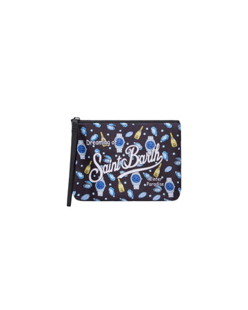 Pochette nera con stampa Ostriche e orologi ALI0002 02945M MC2 SAINT BARTH 