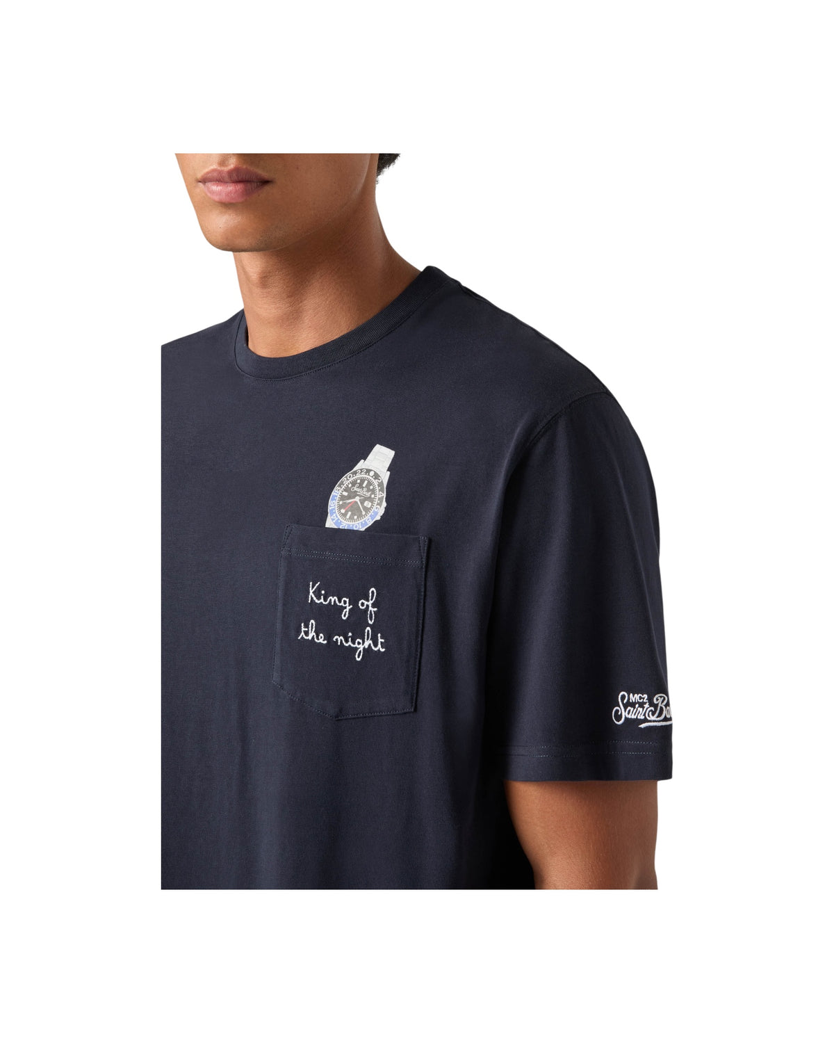 T-Shirt in cotone Blu con ricamo King of the night e stampa orologio CONR0001 03274M MC2 SAINT BARTH 