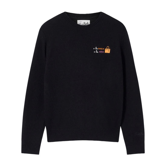 Maglione Nero in lana e cashmere con ricamo O la borsa o la vita QUE0032 00625M MC2 SAINT BARTH 