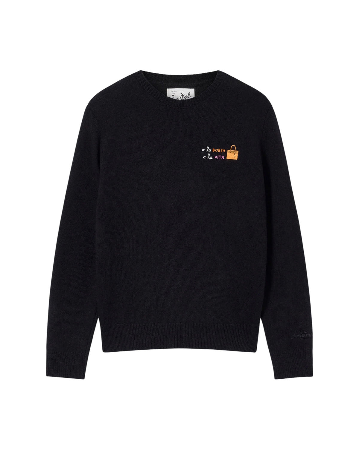 Maglione Nero in lana e cashmere con ricamo O la borsa o la vita QUE0032 00625M MC2 SAINT BARTH 