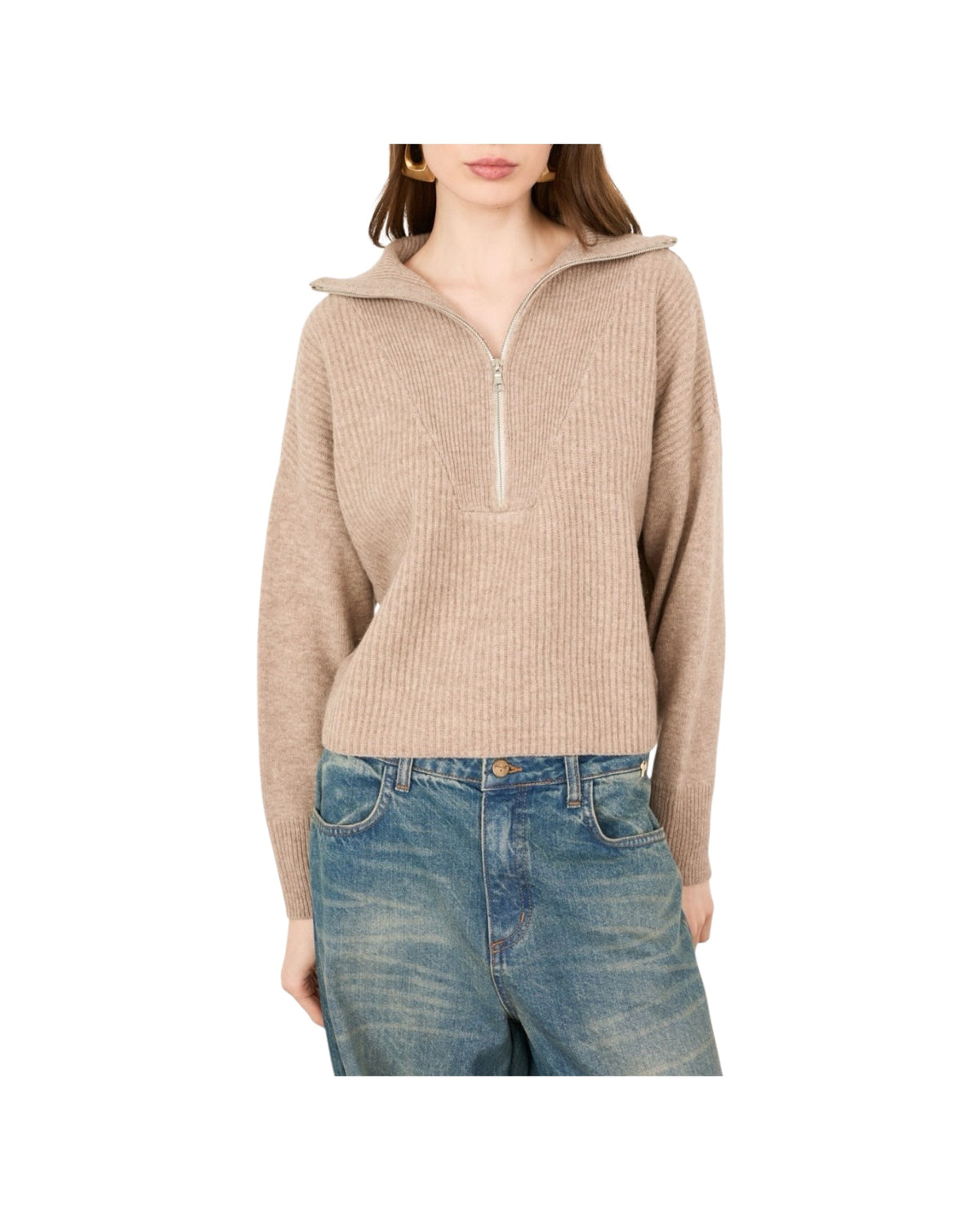 Maglia a costine mezza zip Beige F03O0091 BEIGE PHILIA LOFT 
