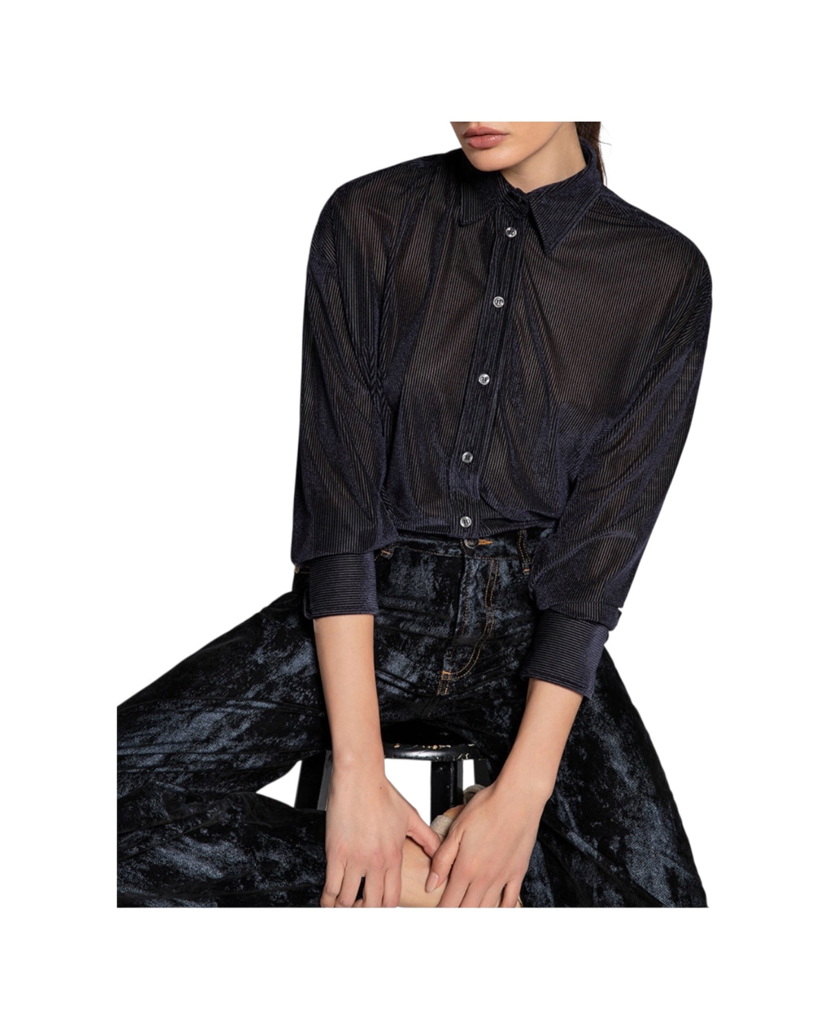 Camicia in velluto trasparente Blu 26WSD55 376 037 WHITESAND 