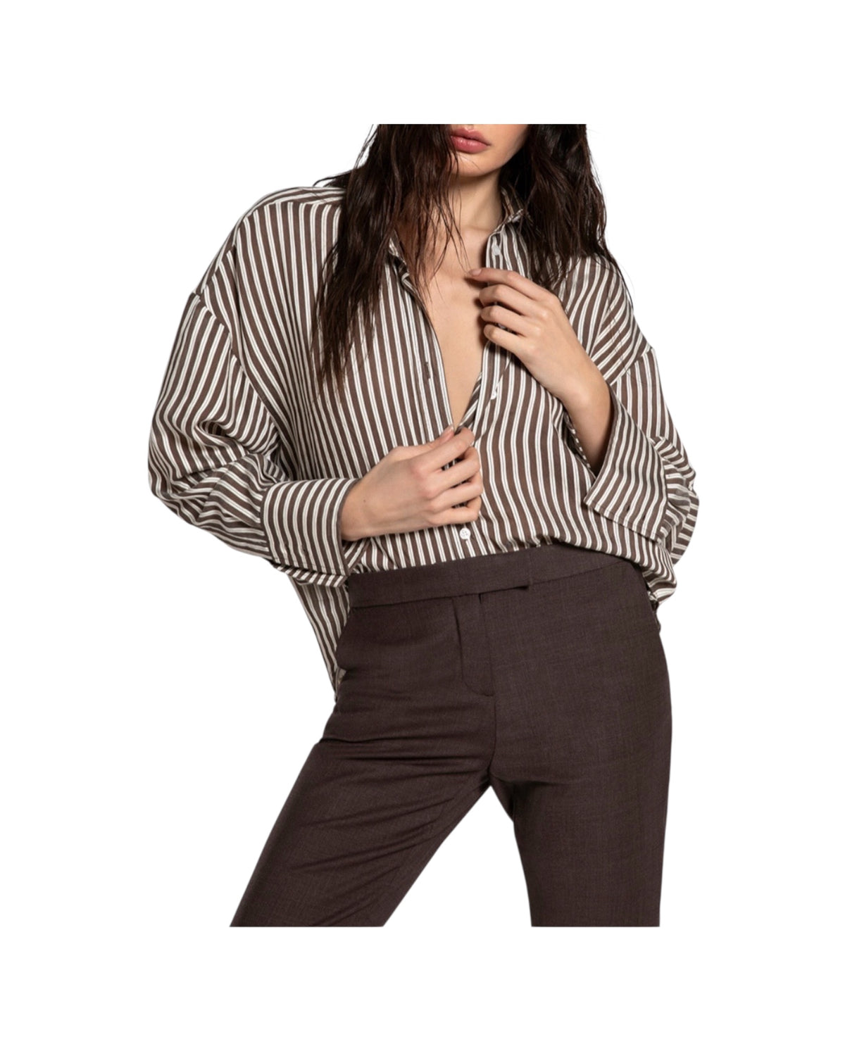 Camicia misto viscosa a righe Marroni 26WSD55 501 81 WHITESAND 