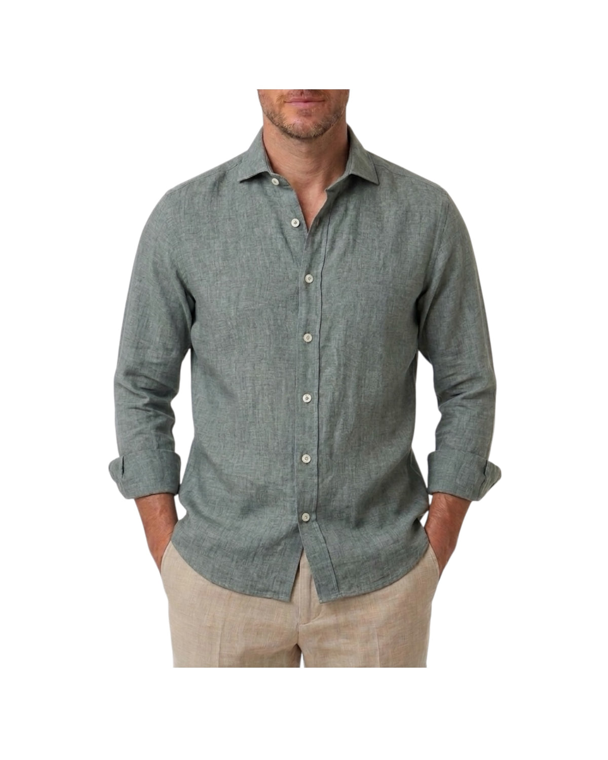Camicia Uomo in lino Verde B4718 9 BASTONCINO 