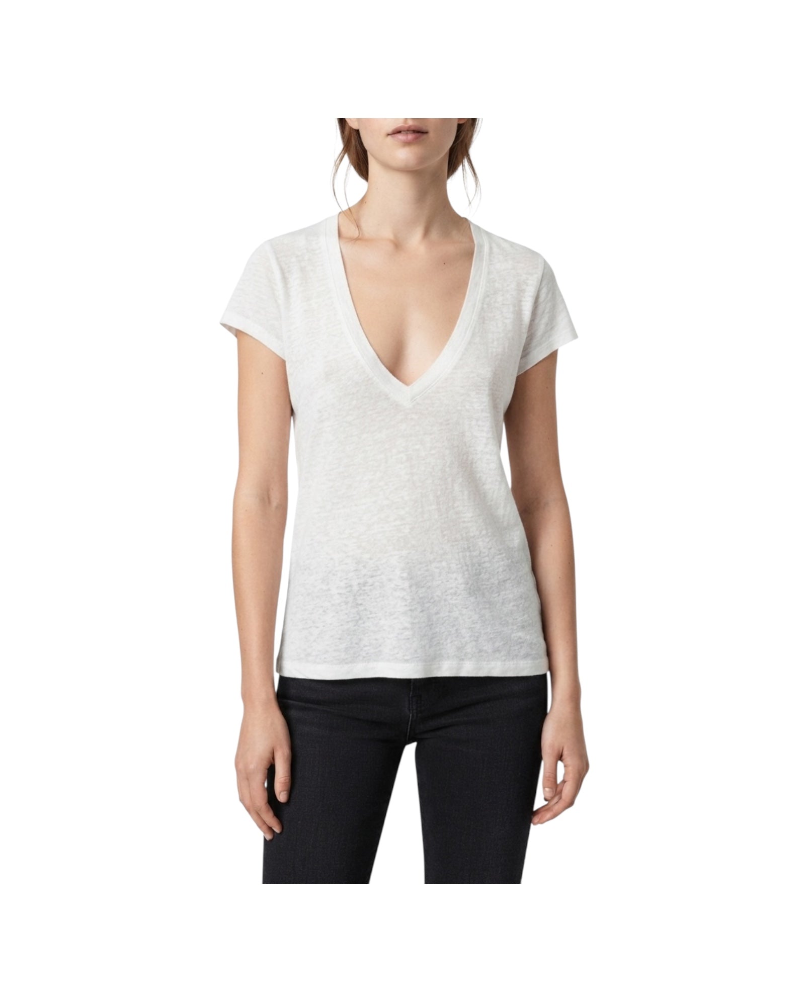 T-shirt in lino con scollo a V ILE OPTICAL WHITE CHS 