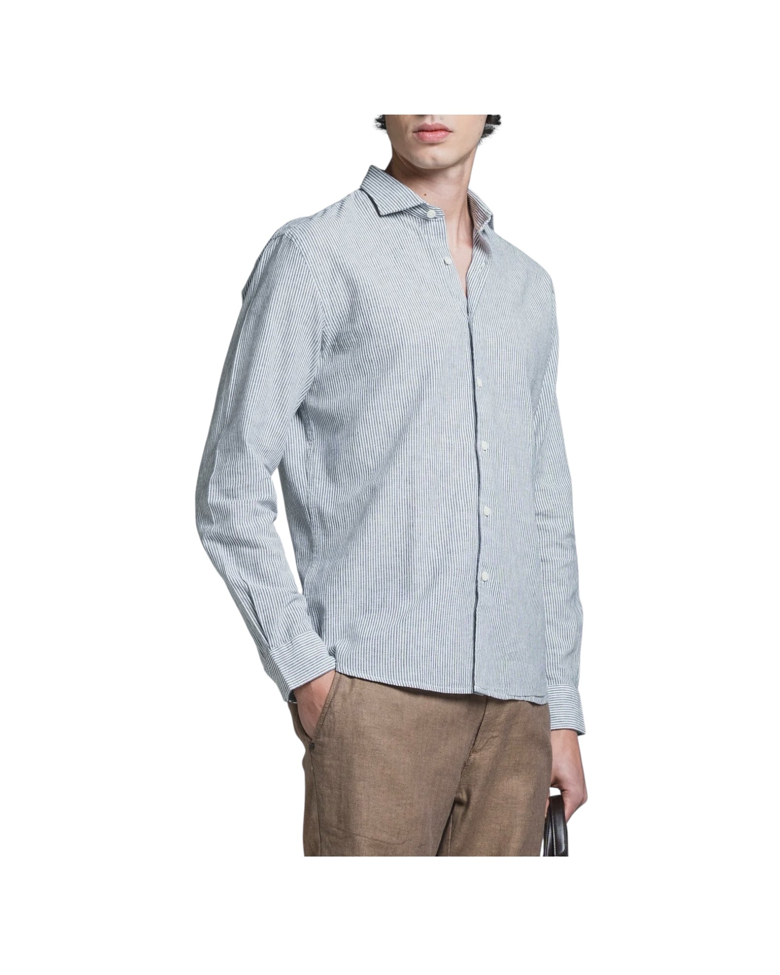 Camicia in misto lino a righe Navy RILEY065 LNCC63 IMPURE 