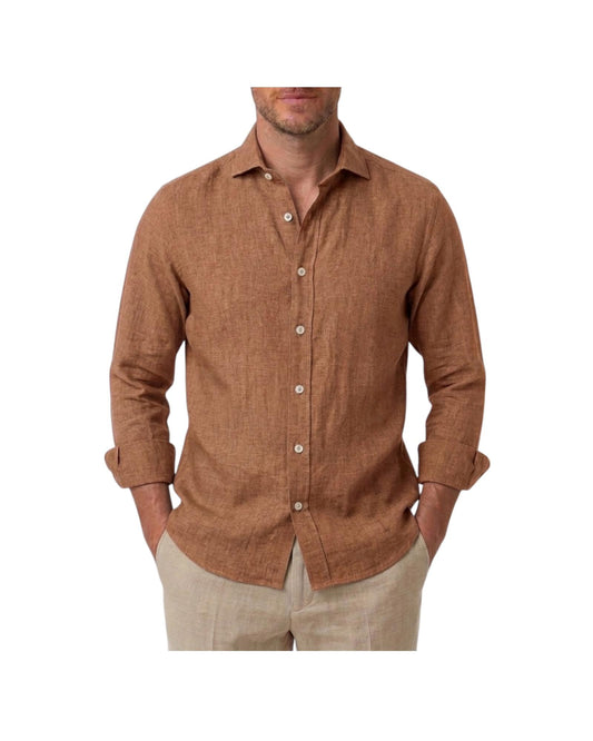 Camicia Uomo in lino Marrone B4718 4 BASTONCINO 