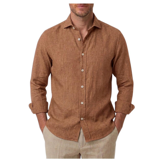 Camicia Uomo in lino Marrone B4718 4 BASTONCINO 
