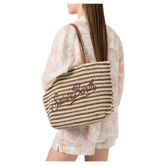 Borsa Tote Crochet a righe beige e marrone CRO0007 09545L MC2 SAINT BARTH 