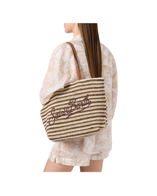 Borsa Tote Crochet a righe beige e marrone CRO0007 09545L MC2 SAINT BARTH 