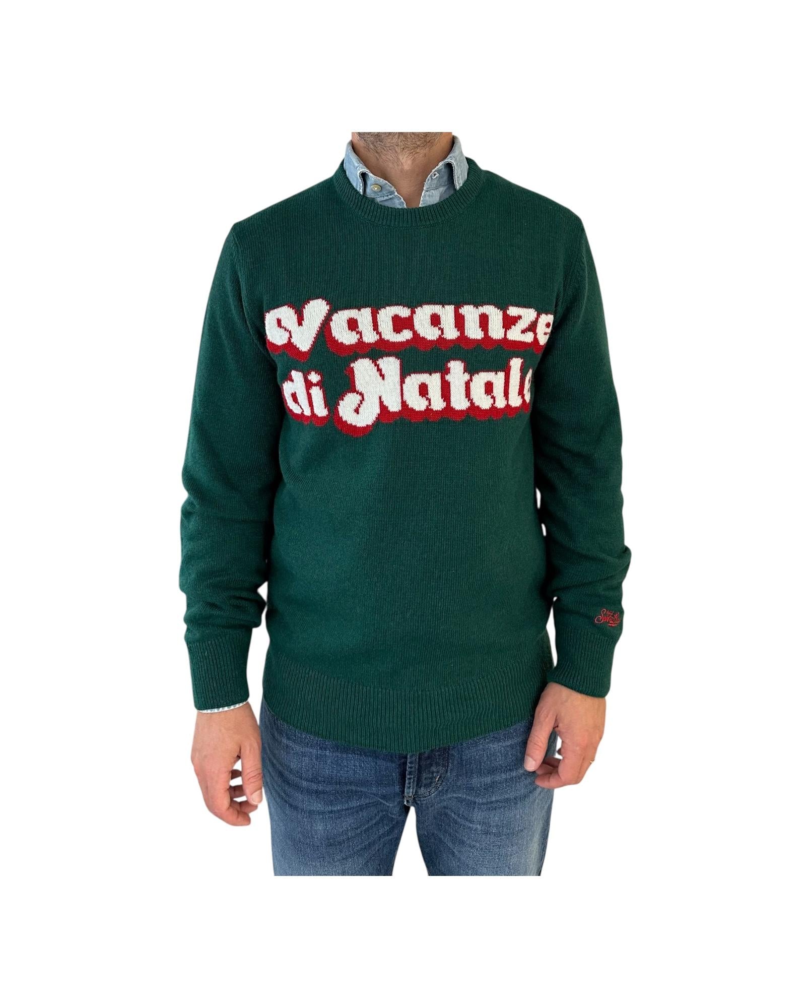 Maglione in misto cashmere con ricamo Vcanze di natale Verde HER0001 00004I MC2 SAINT BARTH 