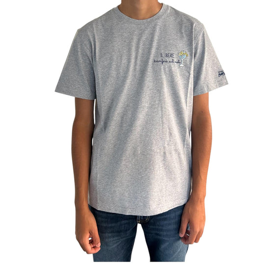 T-Shirt in cotone grigio con ricamo Il bere trionferà sul male ARN0001 03260I MC2 SAINT BARTH 