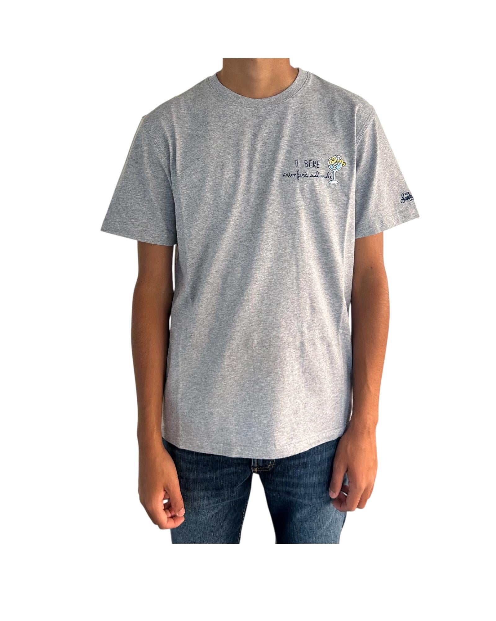 T-Shirt in cotone grigio con ricamo Il bere trionferà sul male ARN0001 03260I MC2 SAINT BARTH 