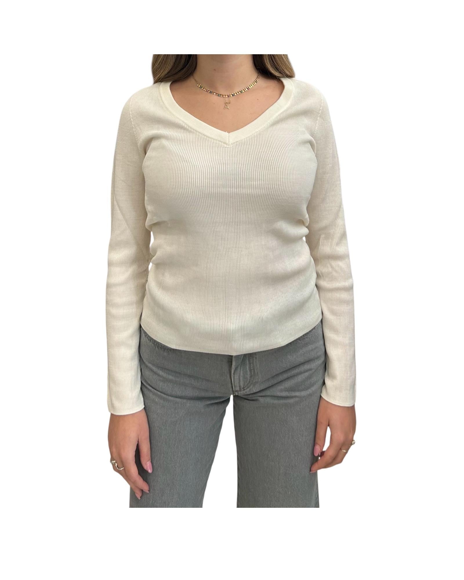 Maglia scollo a V in lana merino Panna MTA P102 030 haveone