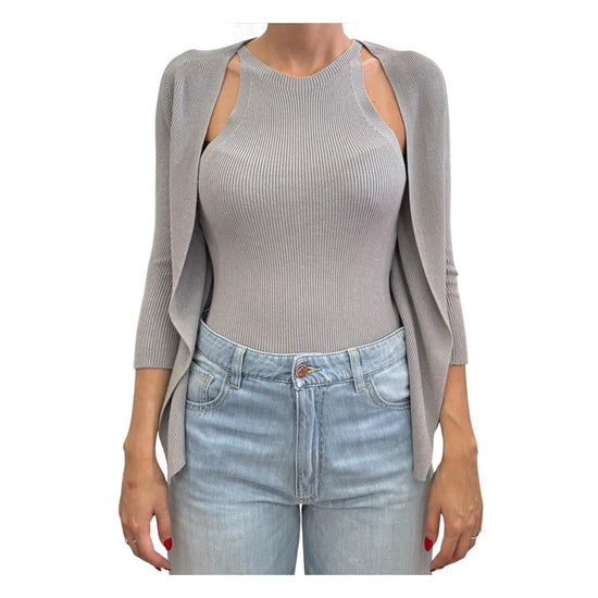 Maglia senza colletto con maiche a 3/4, grigio perla.Slim fit 22032D PERLA VICOLO 