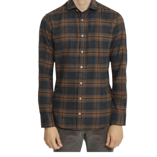Camicia uomo in flanella Check marrone B4428 UNICO BASTONCINO 