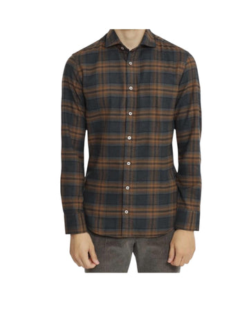 Camicia uomo in flanella Check marrone B4428 UNICO BASTONCINO 