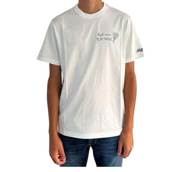 T-Shirt in cotone bianco con ricamo Real man play padel ARN0001 03183I MC2 SAINT BARTH 