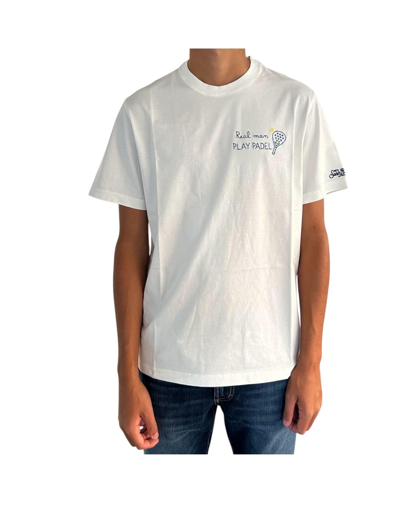 T-Shirt in cotone bianco con ricamo Real man play padel ARN0001 03183I MC2 SAINT BARTH