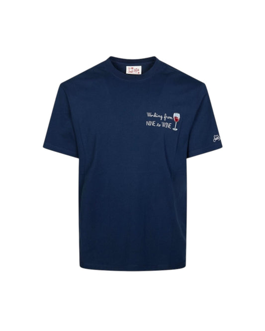 T-shirt Blu con ricamo Working from nine to wine POT0001 04465L MC2 SAINT BARTH 