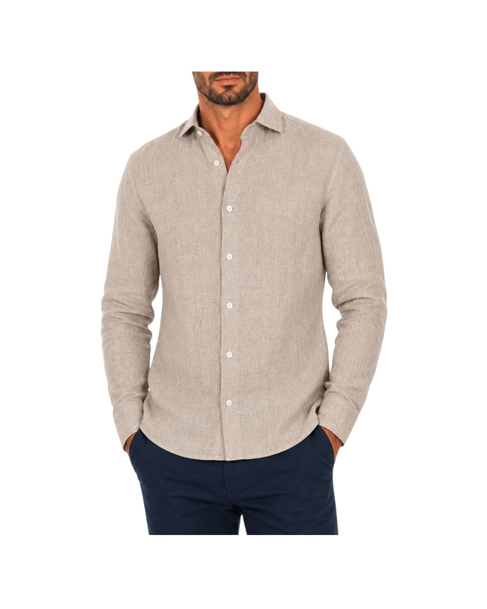 Camicia Uomo in lino Beige B4718 3 BASTONCINO 
