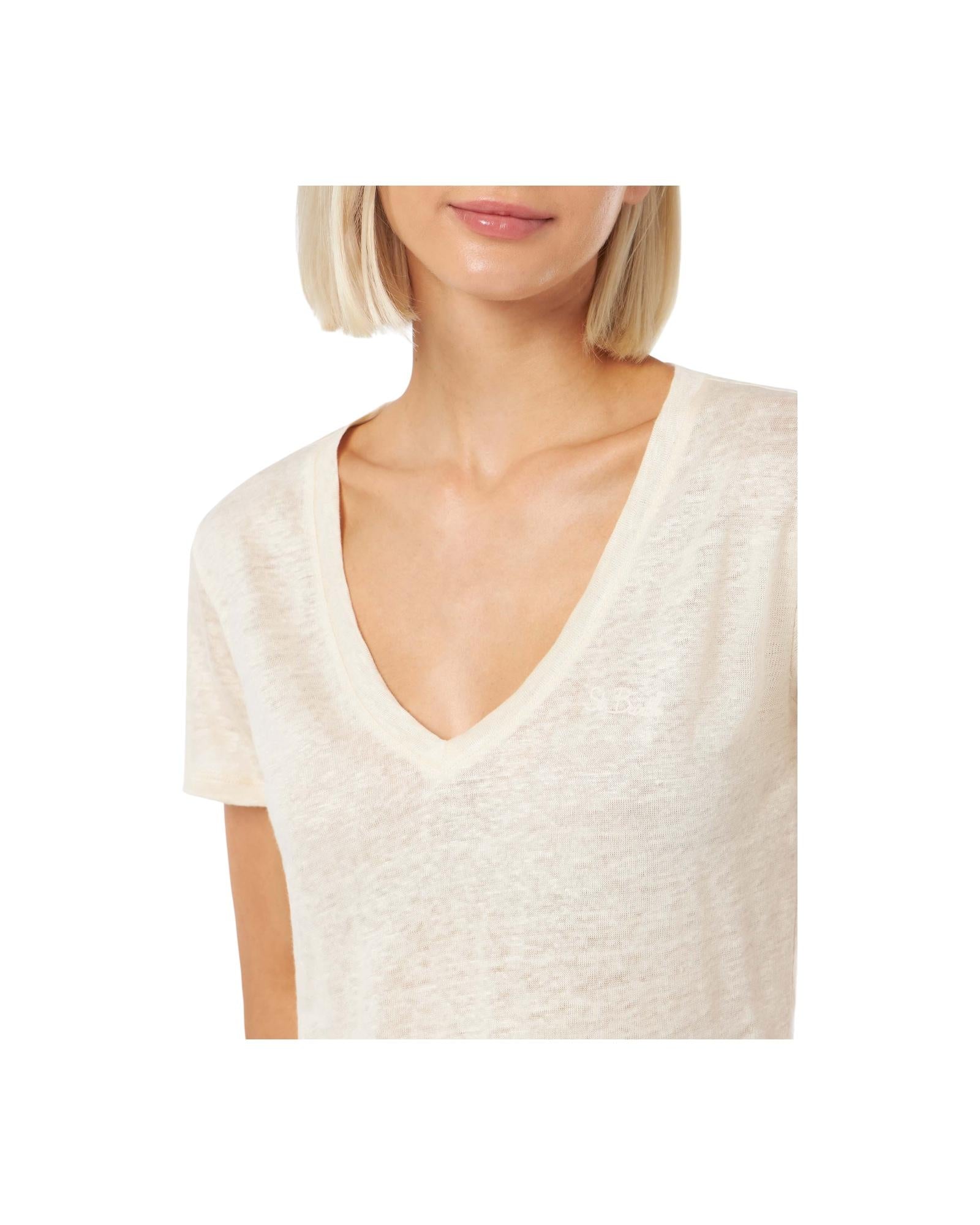 T-shirt scollo a V color bianco sporco Eloise in jersey di lino ELOI001 01579H MC2 SAINT BARTH 