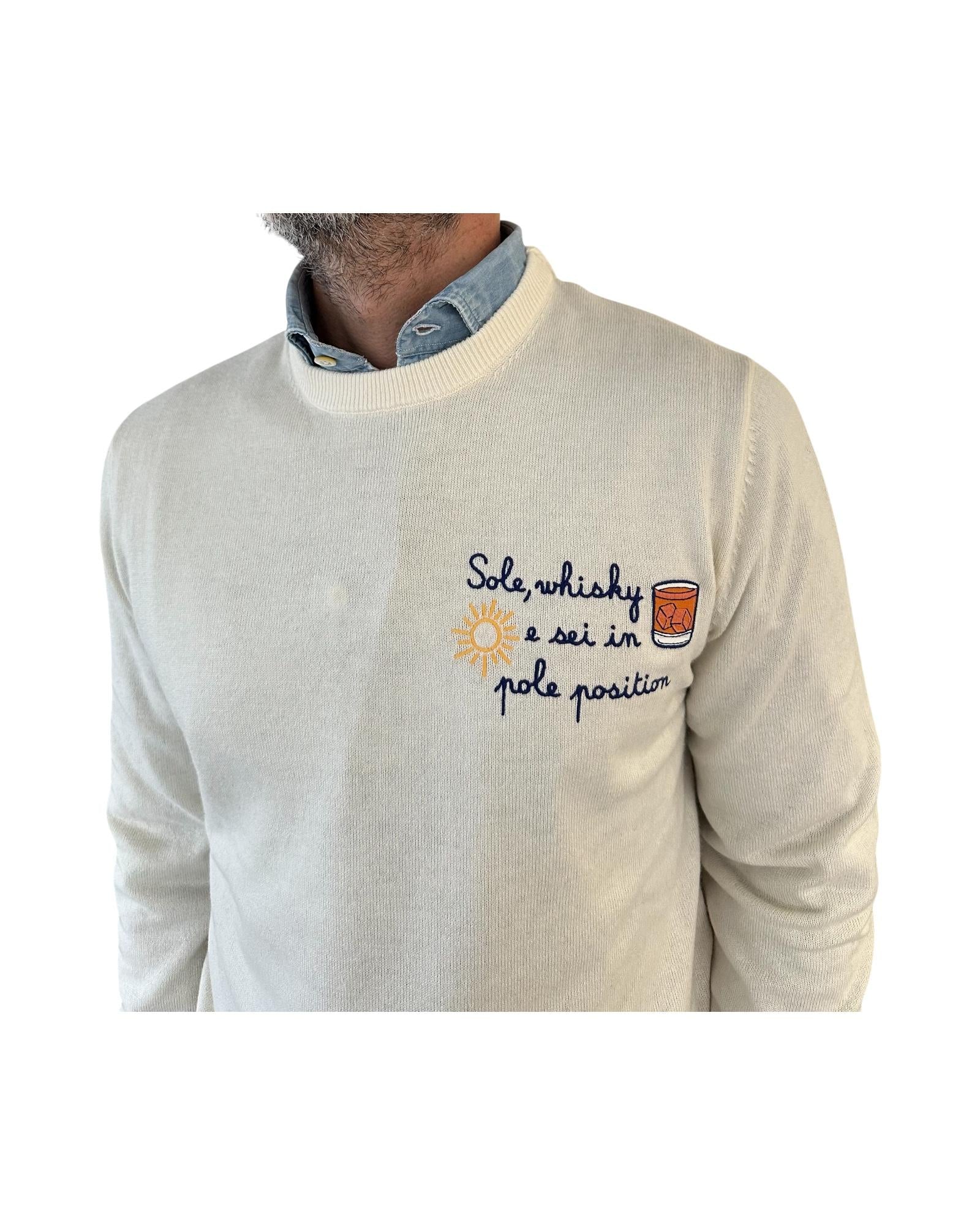 Maglione a girocollo con ricamo Sole, wishy e sei in pole position Panna HER0024 03391I MC2 SAINT BARTH 