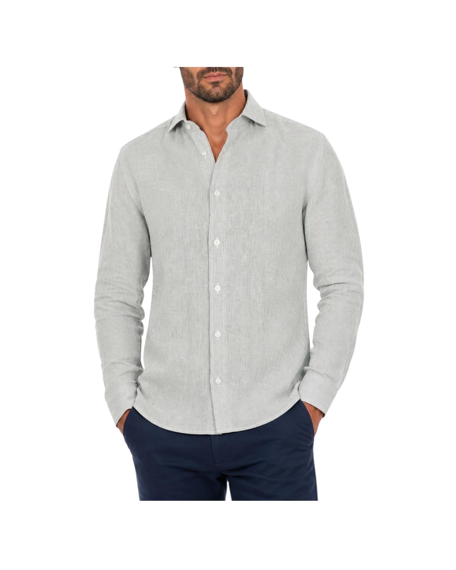Camicia Uomo misto lino a righe Banco verde B1120 6 BASTONCINO 