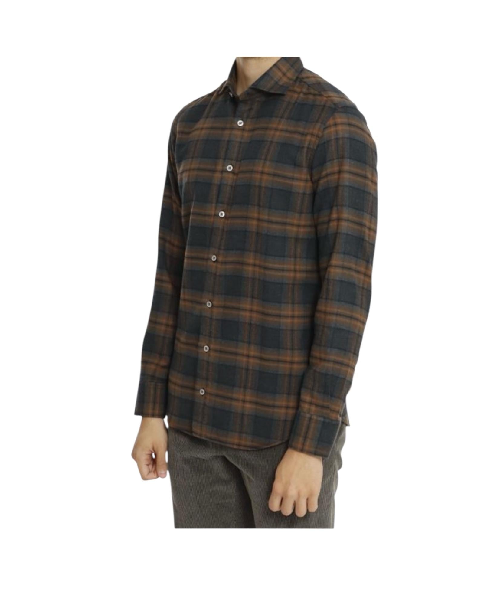 Camicia uomo in flanella Check marrone B4428 UNICO BASTONCINO 