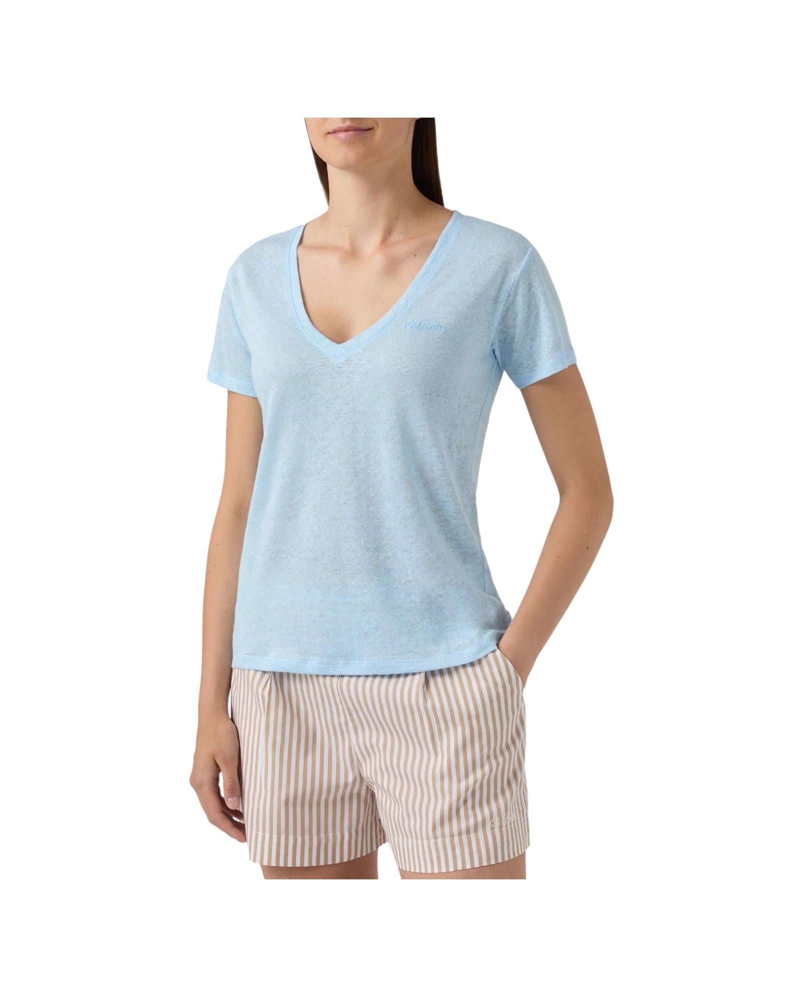 T-shirt in lino Celeste con logo ricamato ELOI001 08679L MC2 SAINT BARTH 