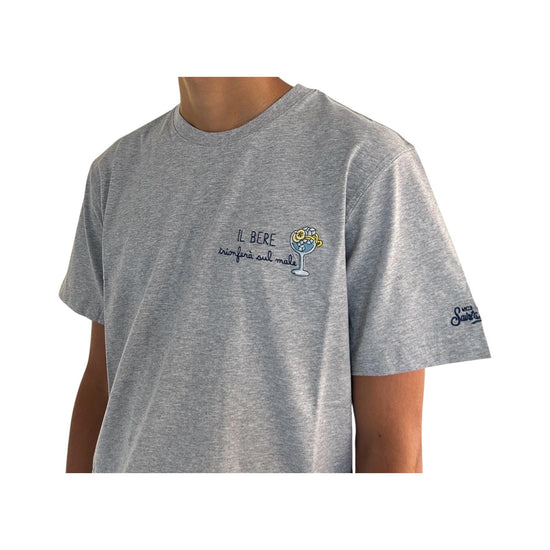 T-Shirt in cotone grigio con ricamo Il bere trionferà sul male ARN0001 03260I MC2 SAINT BARTH 