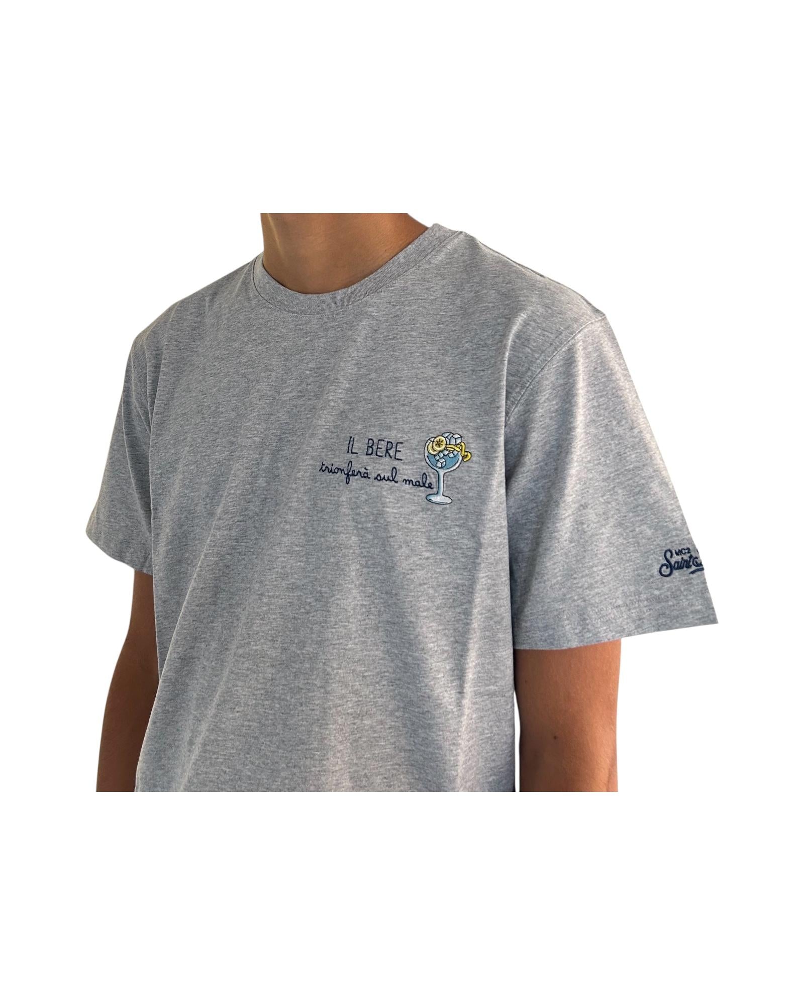T-Shirt in cotone grigio con ricamo Il bere trionferà sul male ARN0001 03260I MC2 SAINT BARTH 