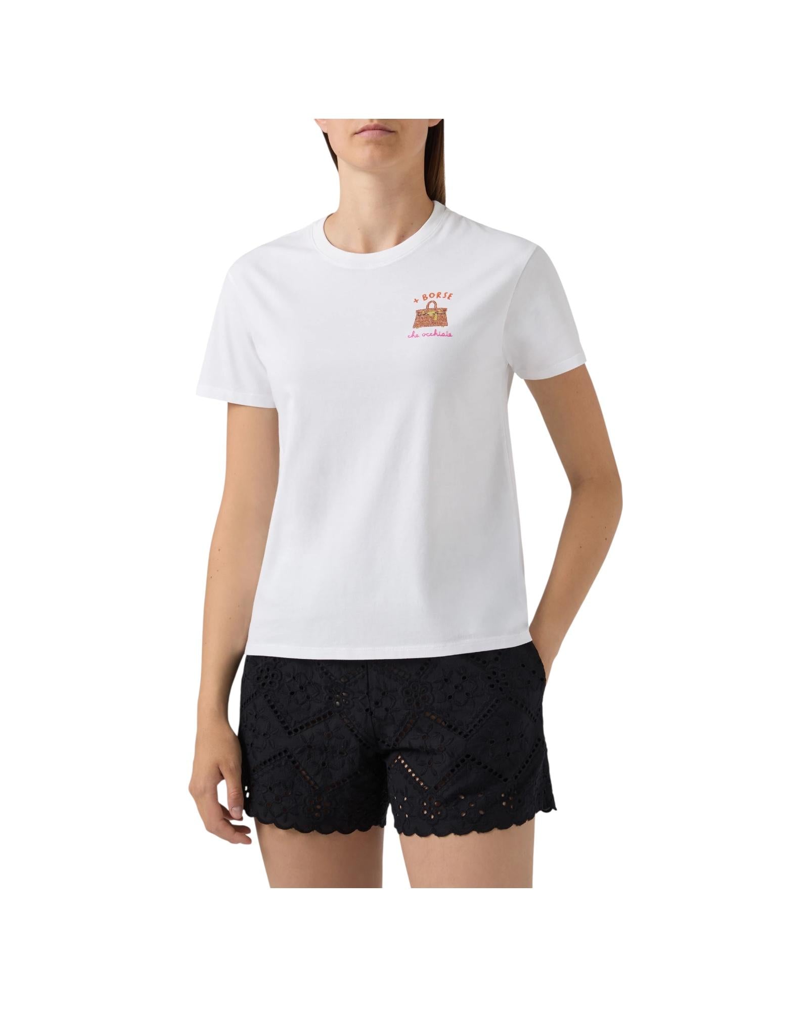 T-Shirt bianca con ricamo Più borse che occhiaie EMI0001 08579L MC2 SAINT BARTH 
