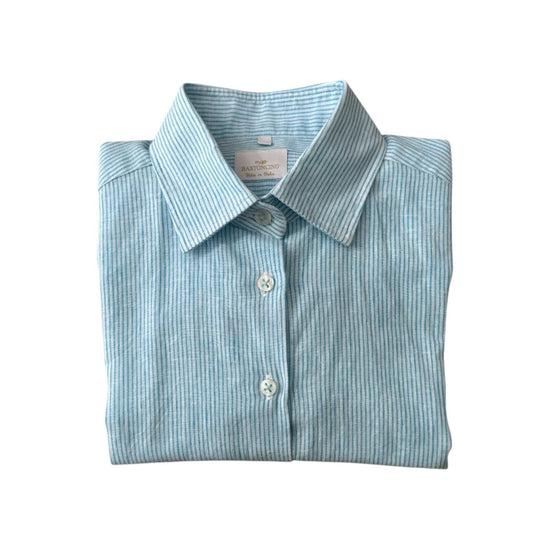 Camicia Donna misto lino righe celeste bianco D1114 3 BASTONCINO 