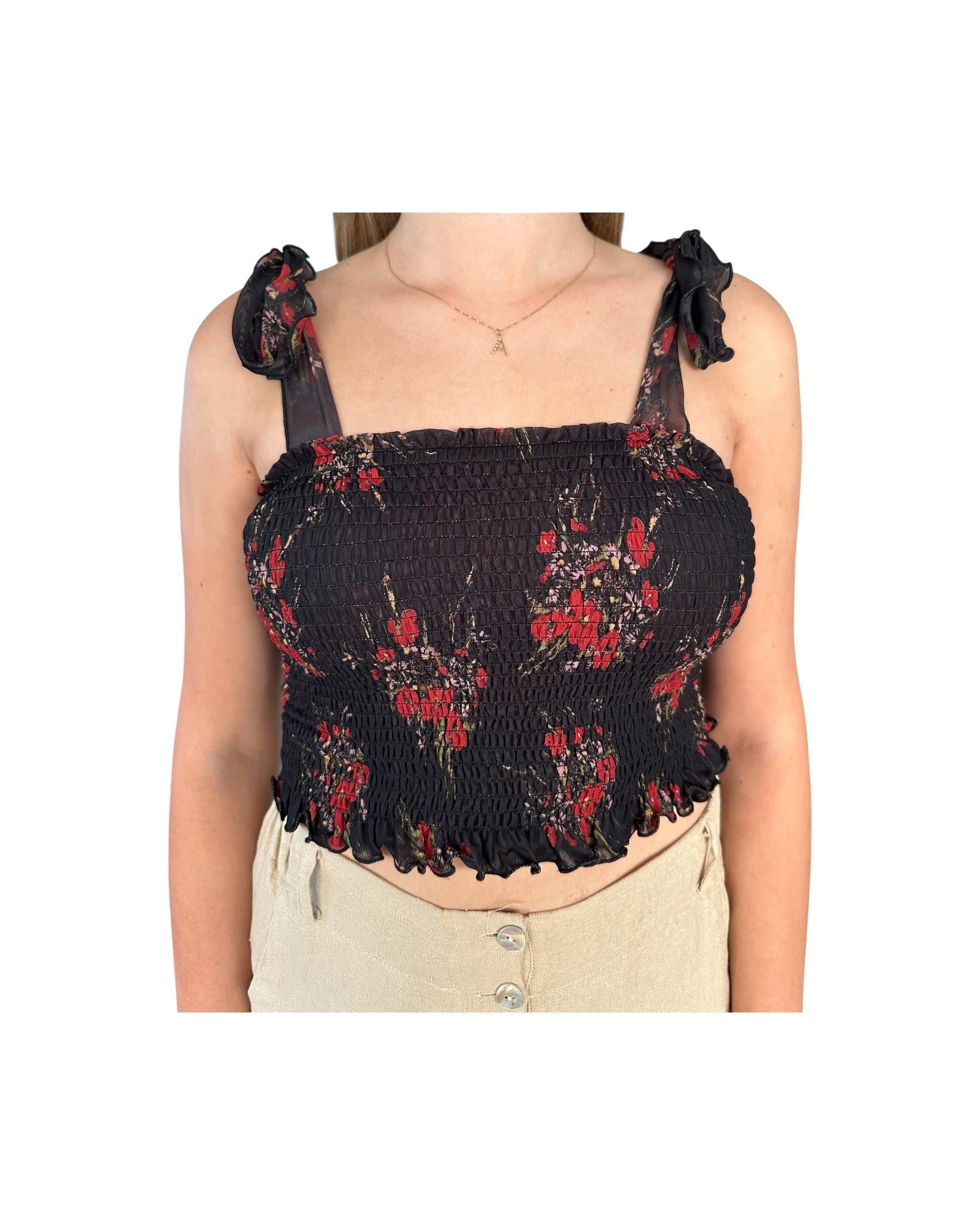 Top corto con fantasia floreale nero