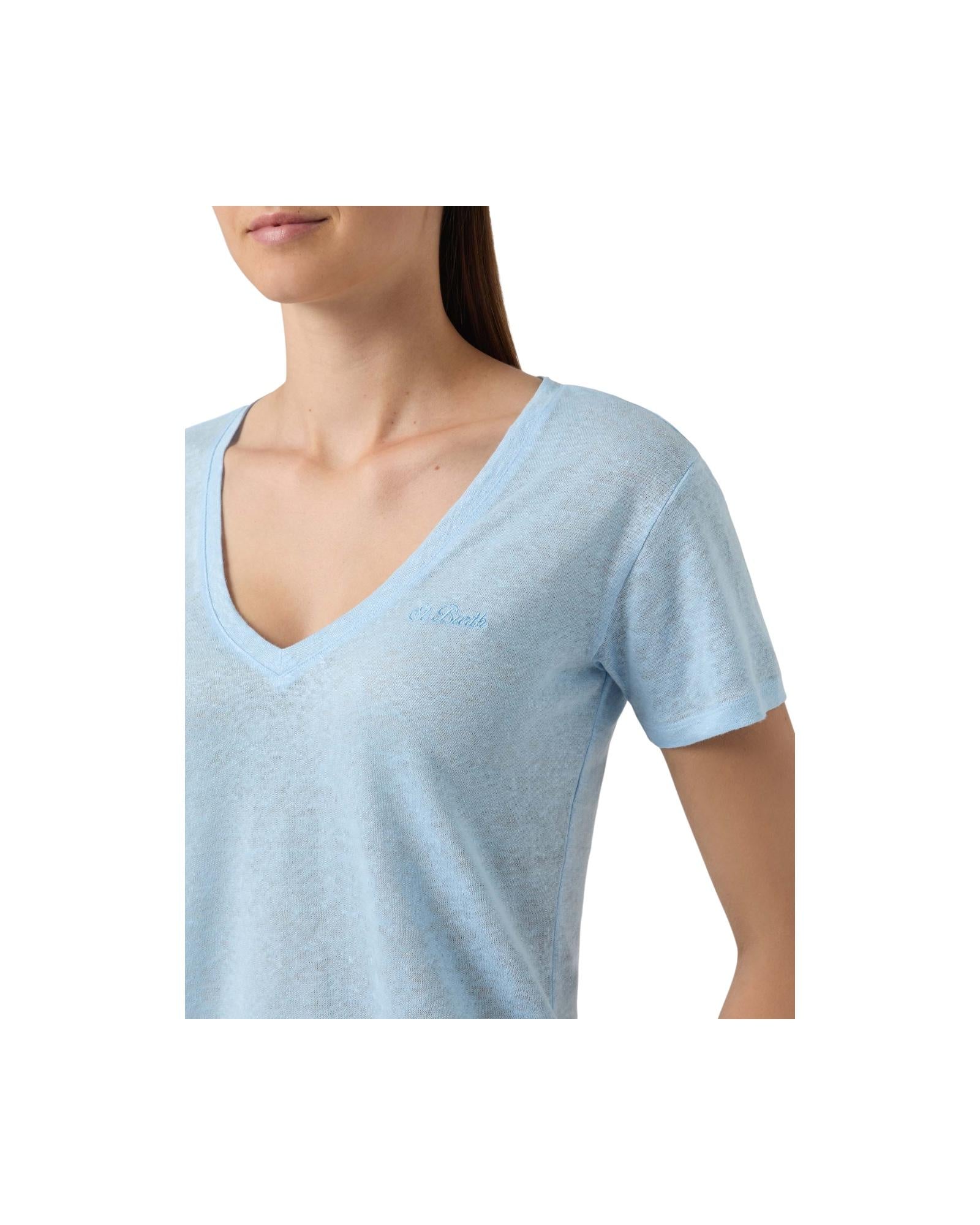 T-shirt in lino Celeste con logo ricamato ELOI001 08679L MC2 SAINT BARTH 