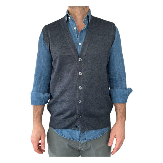 Gilet scollo a V tinta unita blu melange 00122549M 442 MONTECHIARO 