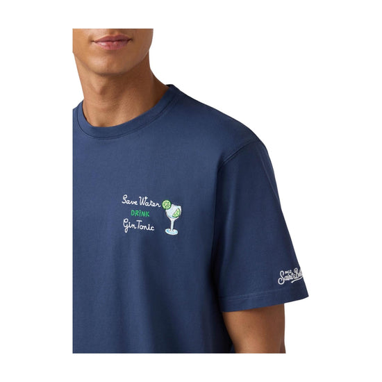 T-shirt in cotone Blu con ricamo Save water drink gin tonic ARN0001 00136I MC2 SAINT BARTH 