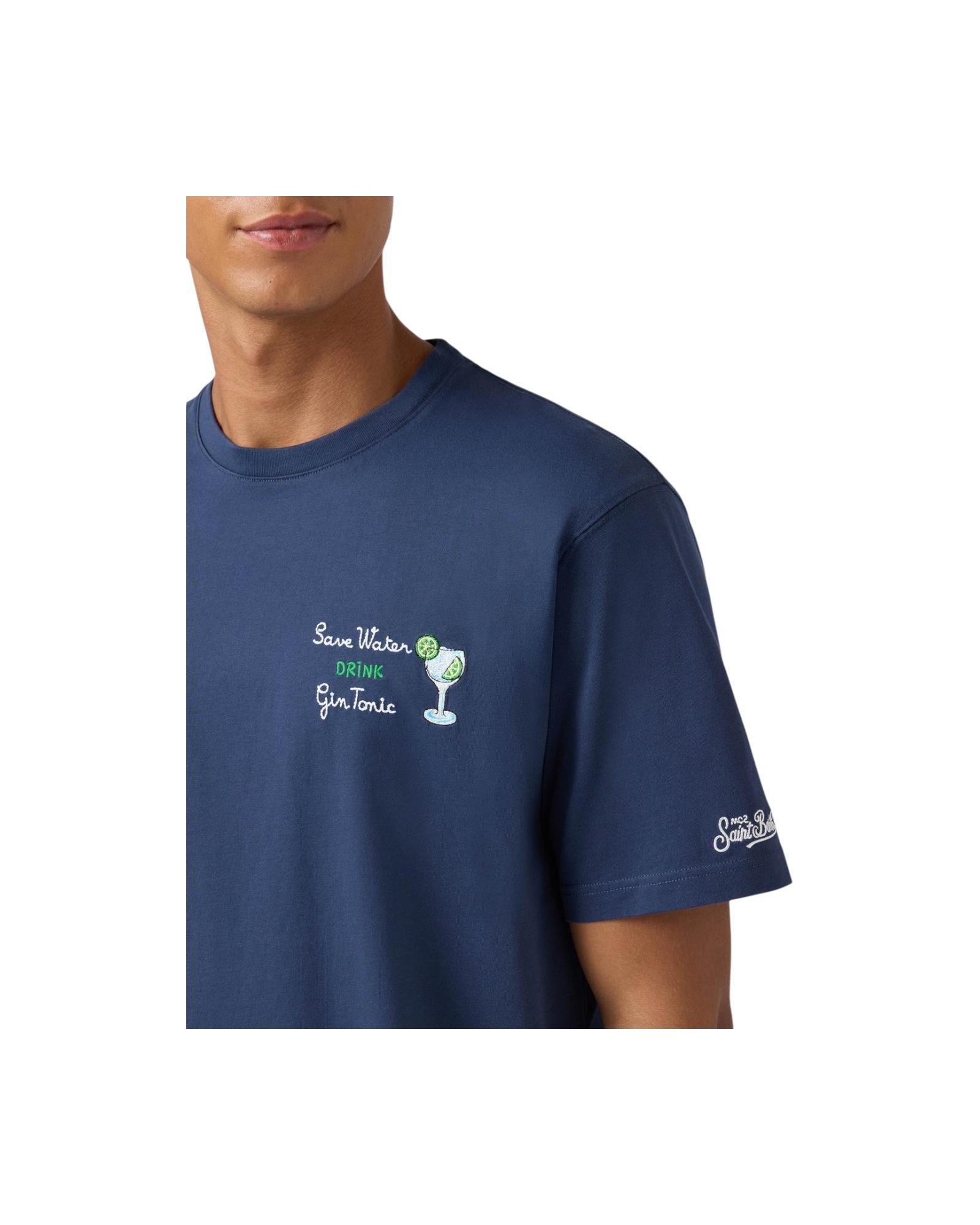 T-shirt in cotone Blu con ricamo Save water drink gin tonic ARN0001 00136I MC2 SAINT BARTH 