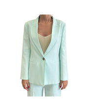 One-button fitted blazer, aqua green.
