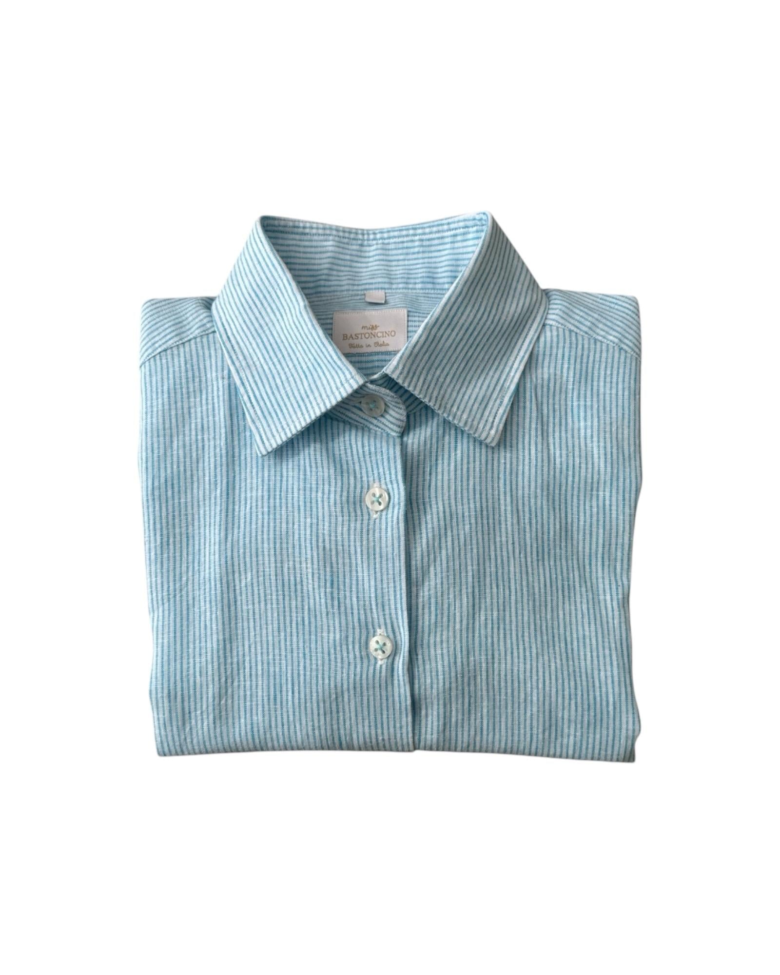 Camicia Donna misto lino righe celeste bianco D1114 3 BASTONCINO