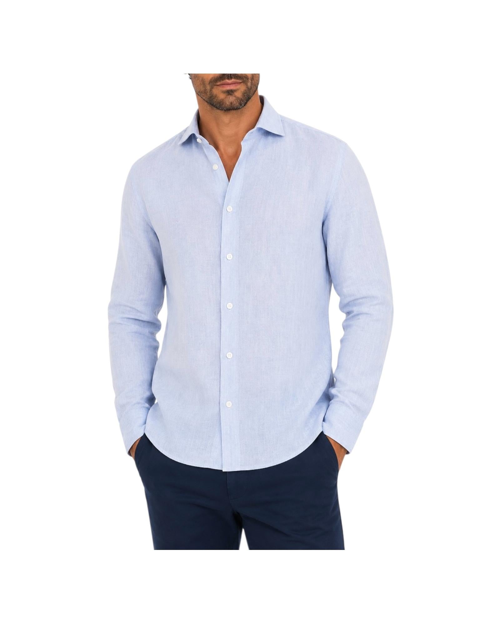 Camicia Uomo in lino Celeste B050 2 BASTONCINO 
