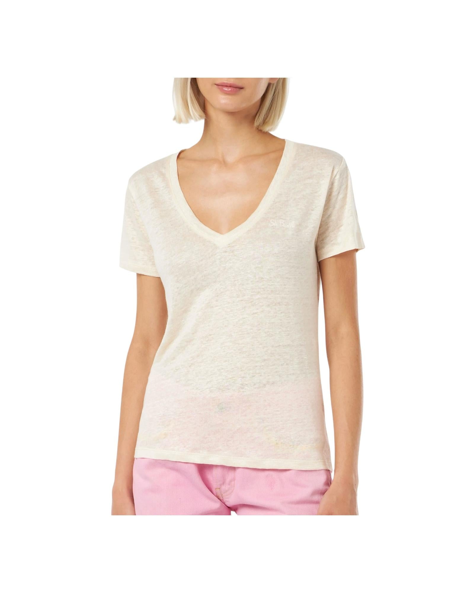 T-shirt scollo a V color bianco sporco Eloise in jersey di lino ELOI001 01579H MC2 SAINT BARTH