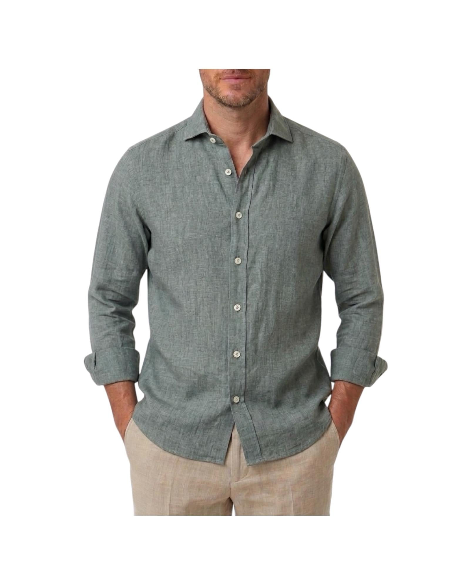 Camicia Uomo in lino Verde B4718 9 BASTONCINO 