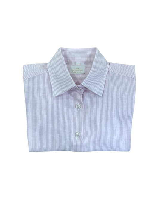 Camicia Donna misto lino righe bianco rosa D1114 4 BASTONCINO 