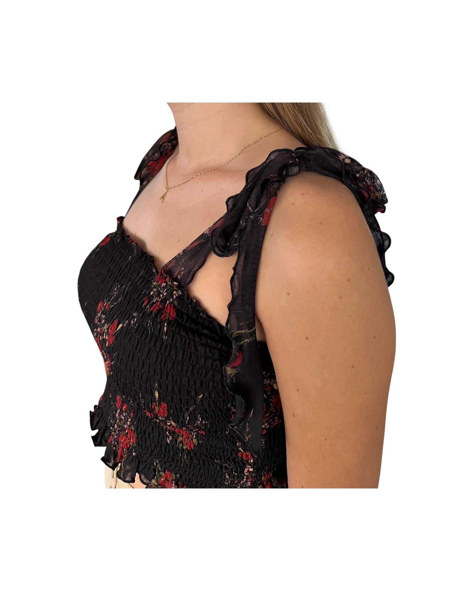 Top corto con fantasia floreale nero